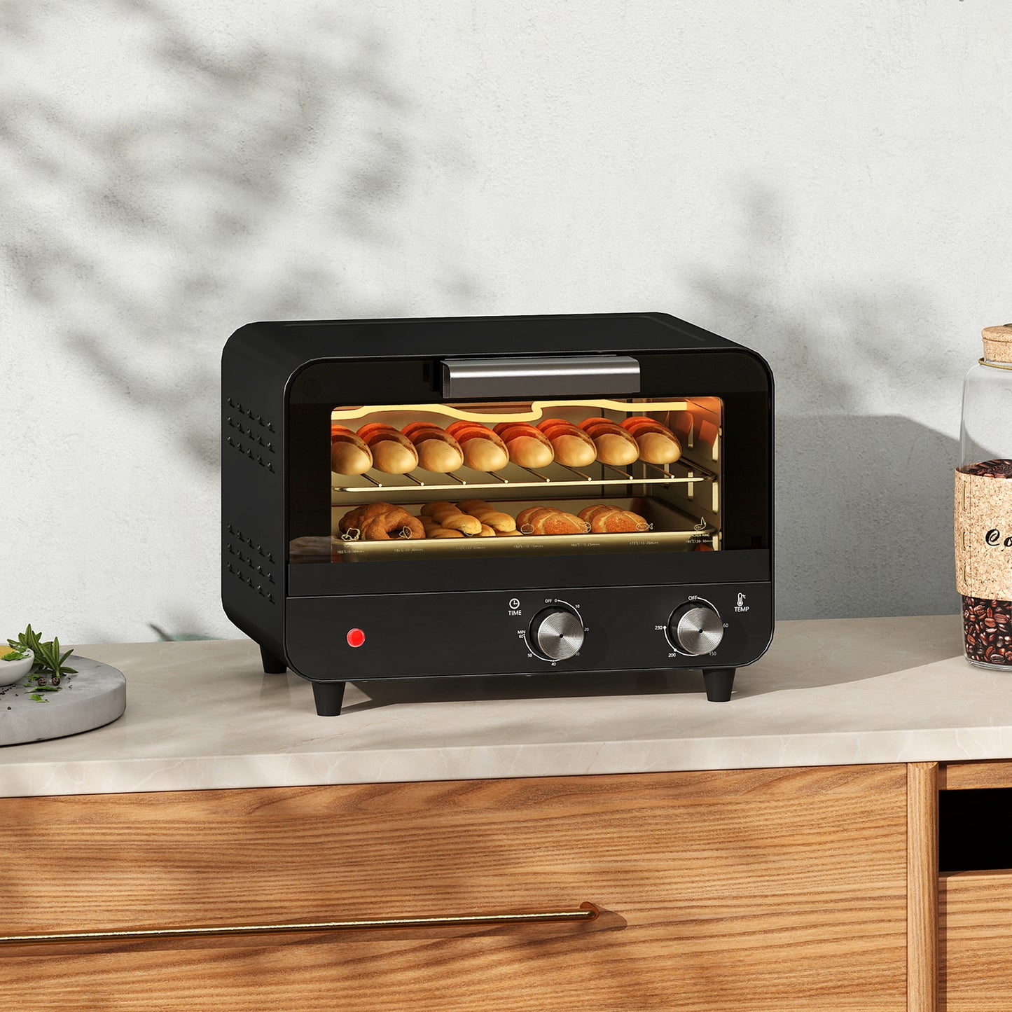 Small Toaster Oven, 12L Mini Countertop Oven with Glass Door, Black