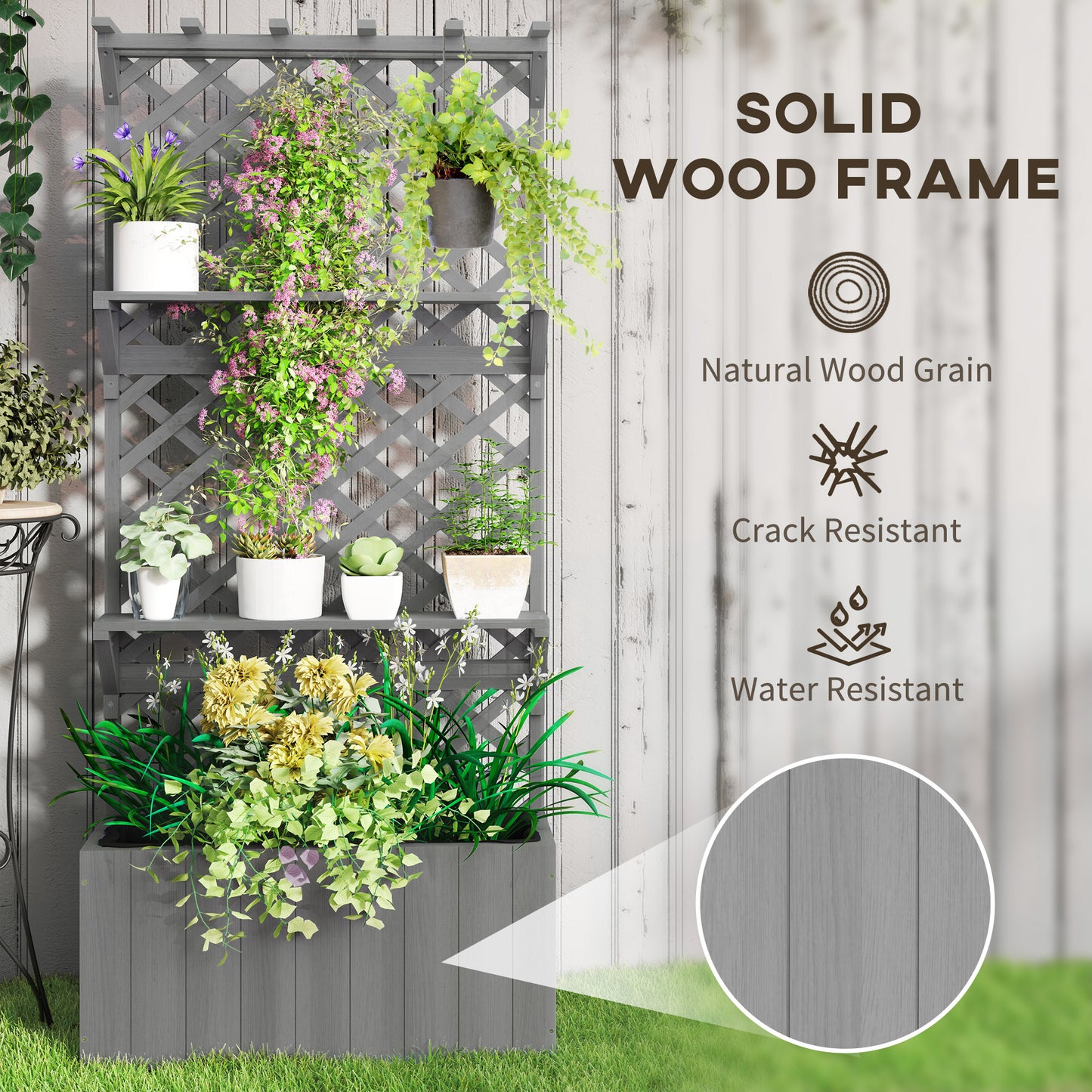 Wooden Raised Planter with Trellis and 2 Shelves, Grey