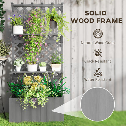 Wooden Raised Planter with Trellis and 2 Shelves, Grey
