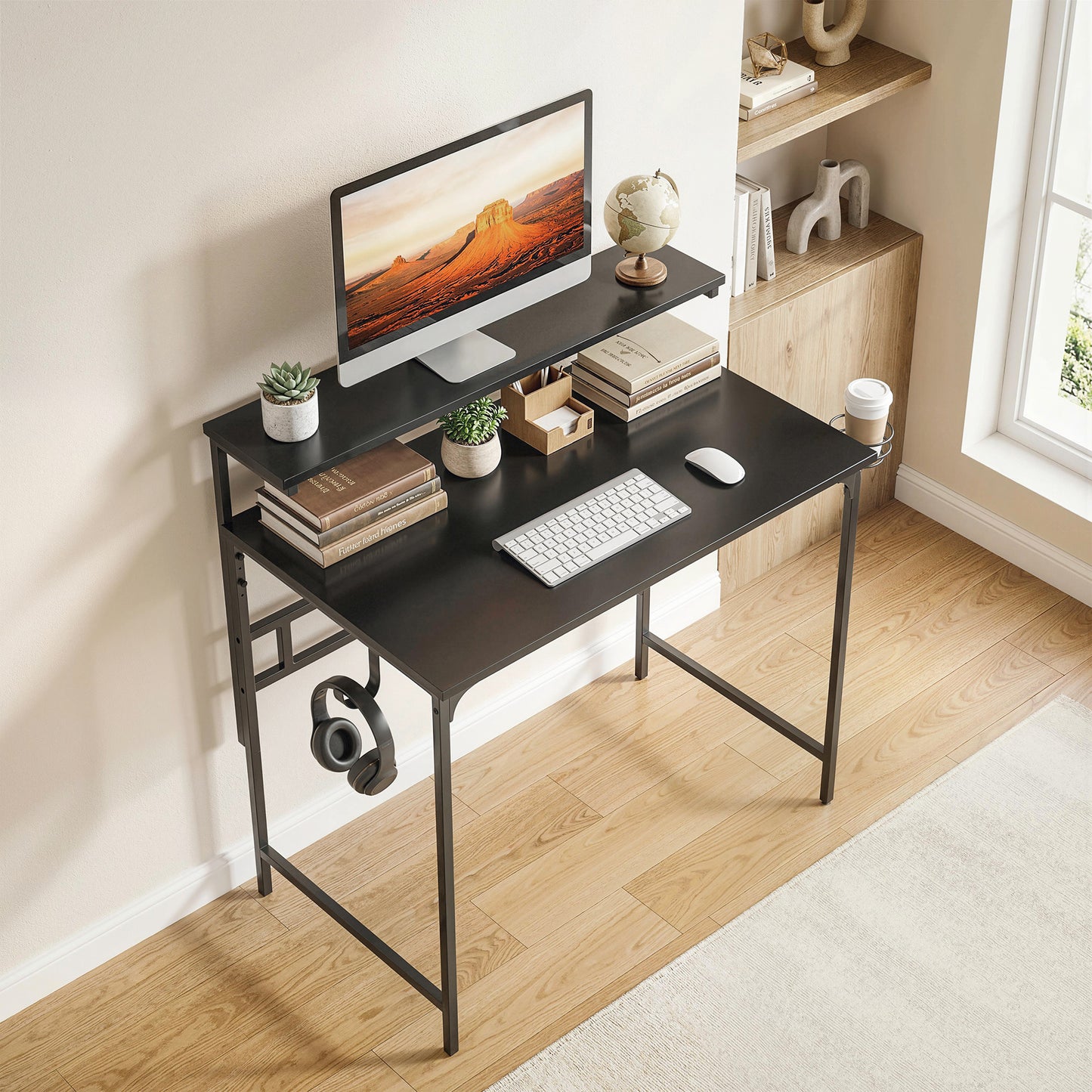 Computer Desk, 80cm Home Office Study Table with Hutch Shelf, Black