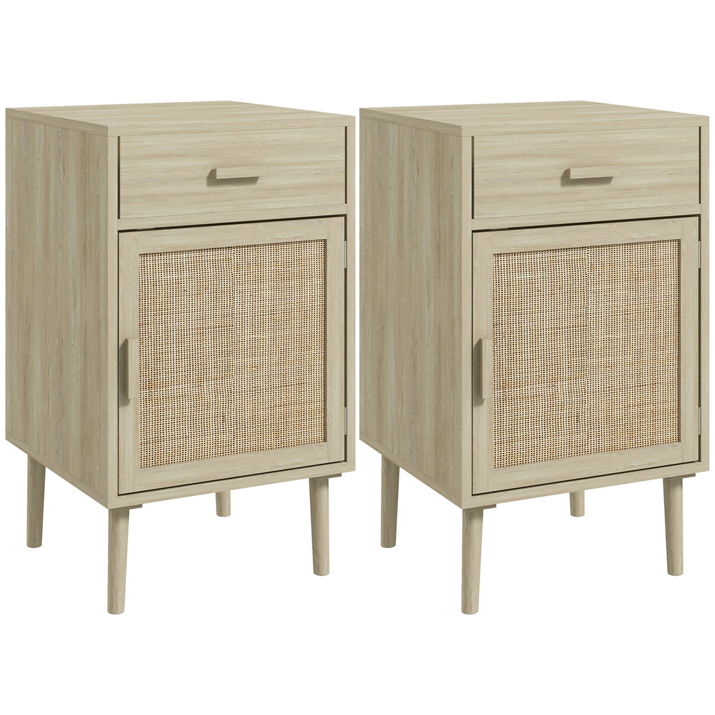 Bedside Tables Set of 2 with Drawer Cabinet Adjustable Shelf Natural