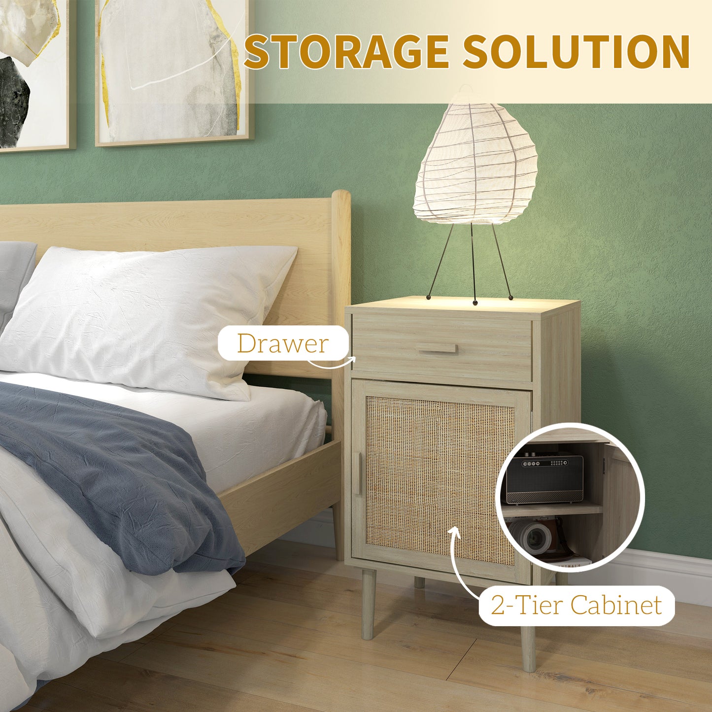 Bedside Tables Set of 2 with Drawer Cabinet Adjustable Shelf Natural