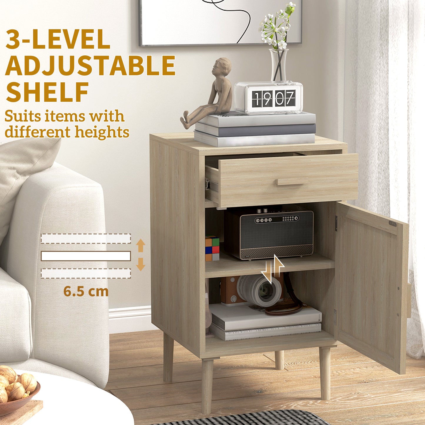 Bedside Tables Set of 2 with Drawer Cabinet Adjustable Shelf Natural