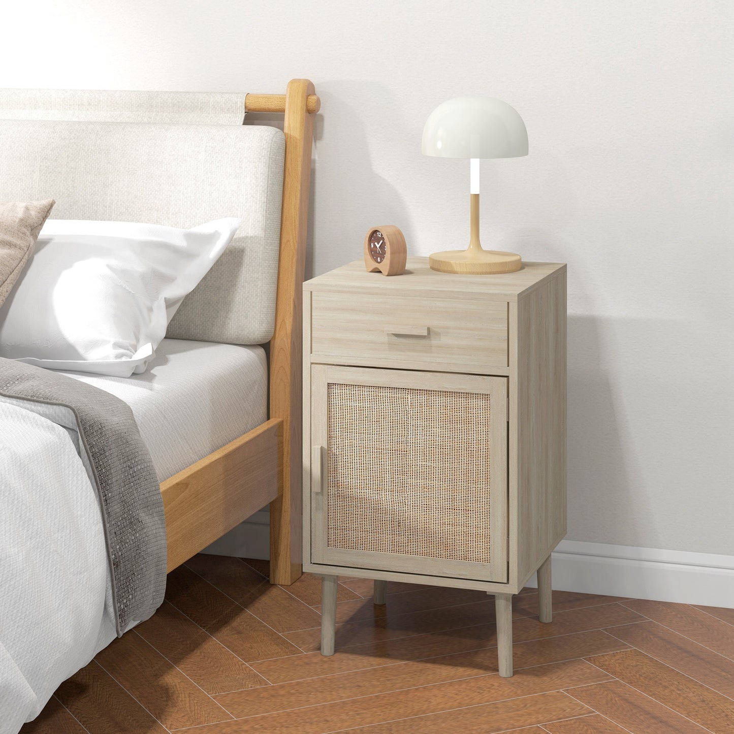 Bedside Tables Set of 2 with Drawer Cabinet Adjustable Shelf Natural