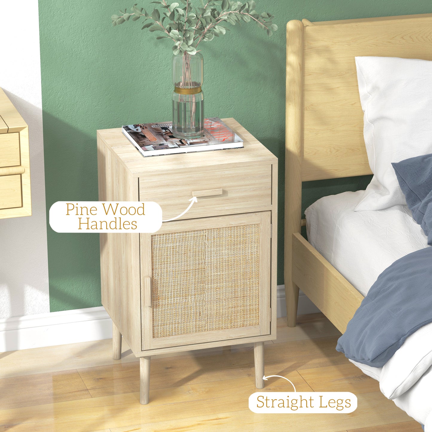 Bedside Tables Set of 2 with Drawer Cabinet Adjustable Shelf Natural