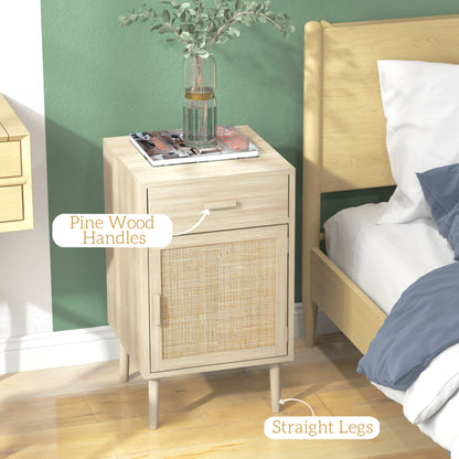 Bedside Tables Set of 2 with Drawer Cabinet Adjustable Shelf Natural