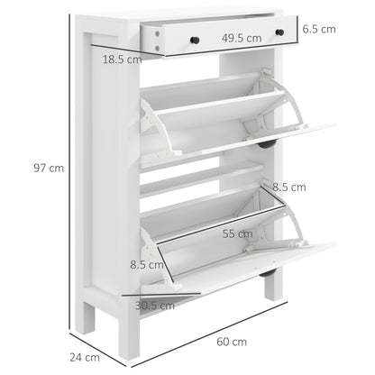 Narrow Shoe Cabinet with 2 Flip Drawers and Top Drawer, White