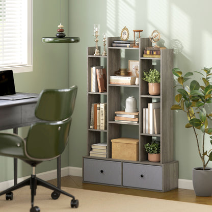 12-Tier Bookshelf, Bookcase w/ 2 Folding Drawer, Graphite Wood Effect