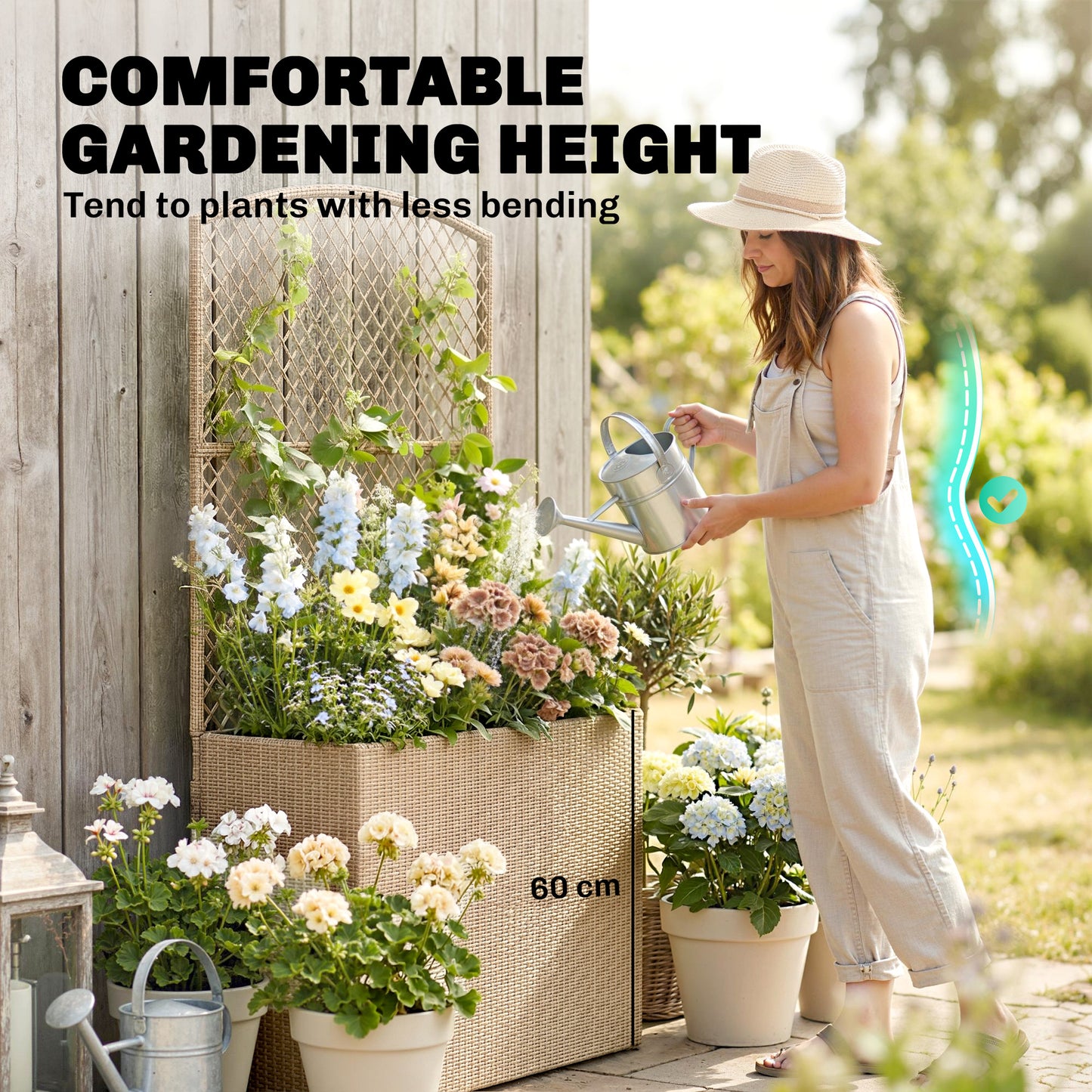 Garden Planter with Trellis, Rattan Raised Beds for Garden with Liner, Freestanding Outdoor Planter Box for Climbing Plants, Herbs, Vegetables, Flowers, 80 x 30 x 163 cm, Light Grey