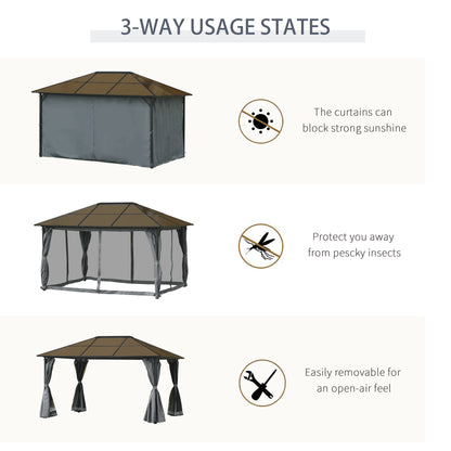 4 x 3(m) Garden Aluminium Gazebo Hardtop Roof Canopy Marquee Party Tent Patio Outdoor Shelter with Mesh Curtains & Side Walls - Grey