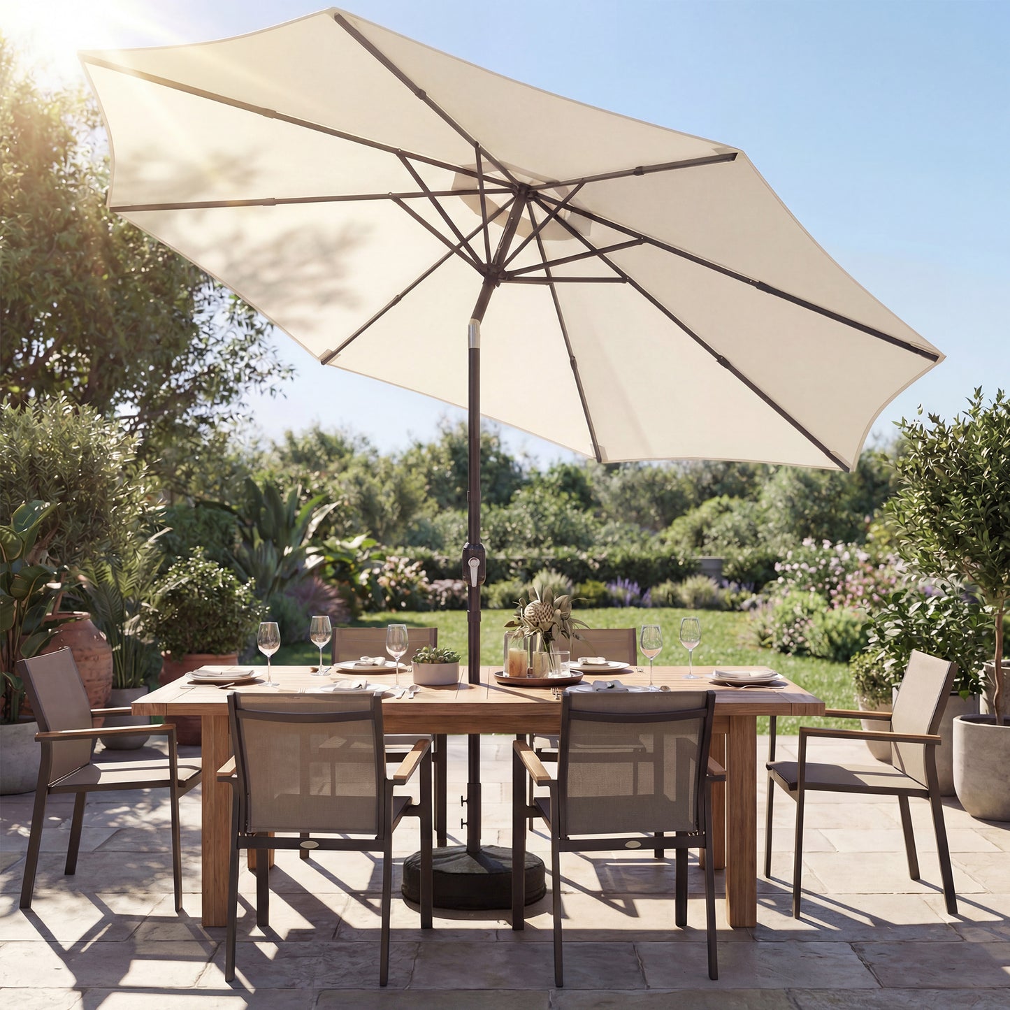 2.7 m Garden Parasol Umbrella with Cross Base, Sandbag, Cream White