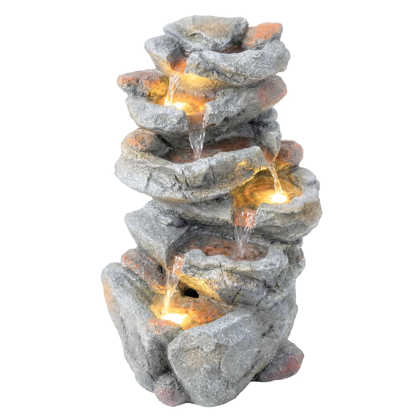 Outdoor Water Fountain with 6-Tier Rock Style, LED Lights, Grey