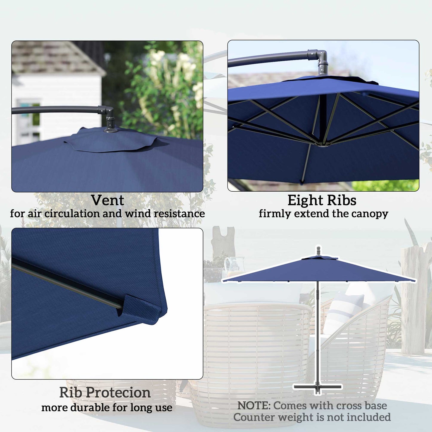 3(m) Garden Banana Parasol Cantilever Umbrella w/Crank& Base, Blue
