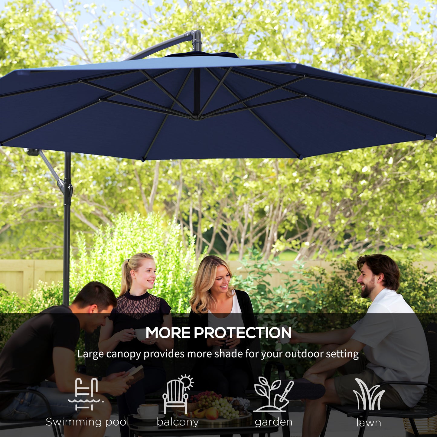 3(m) Garden Banana Parasol Cantilever Umbrella w/Crank& Base, Blue