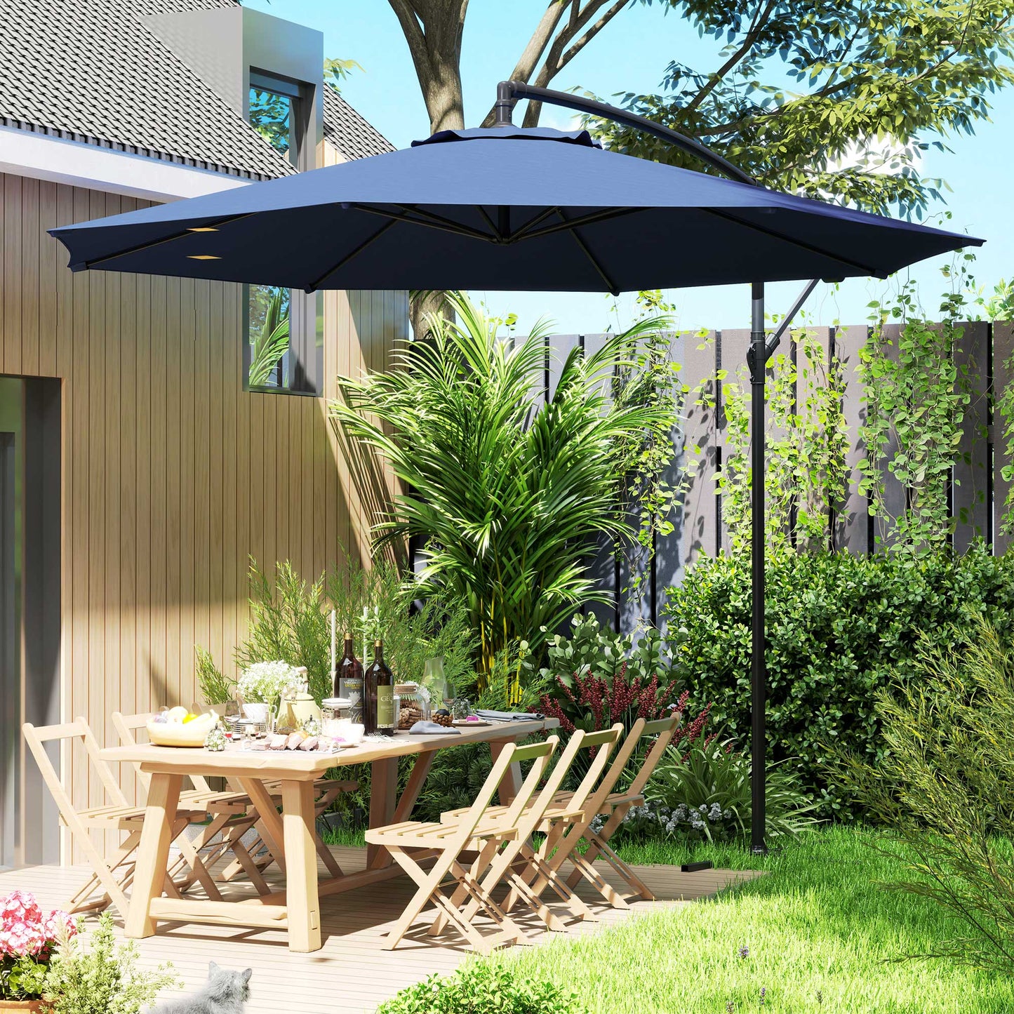 3(m) Garden Banana Parasol Cantilever Umbrella w/Crank& Base, Blue