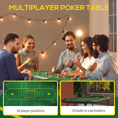 Foldable Poker Mat, 10-Player Table Top with Cup Holders, Carry Bag