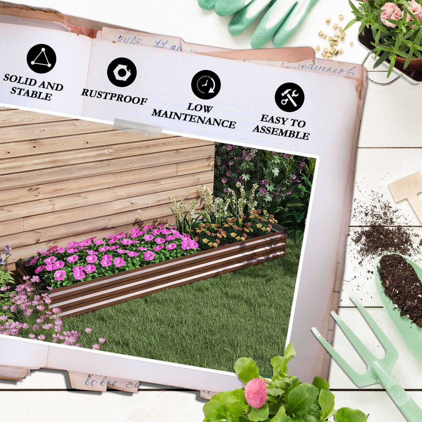 Galvanised Raised Bed for Garden, Outdoor Elevated Planter Box, Brown
