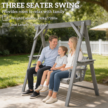 3 Seater Wooden Garden Swing Chair with Side Tables, Dark Grey