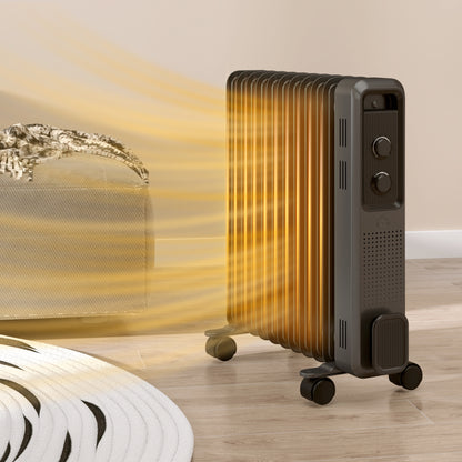 Oil Filled Radiator Portable Heater W/ 11 Fin, 3 Heat Settings, Grey