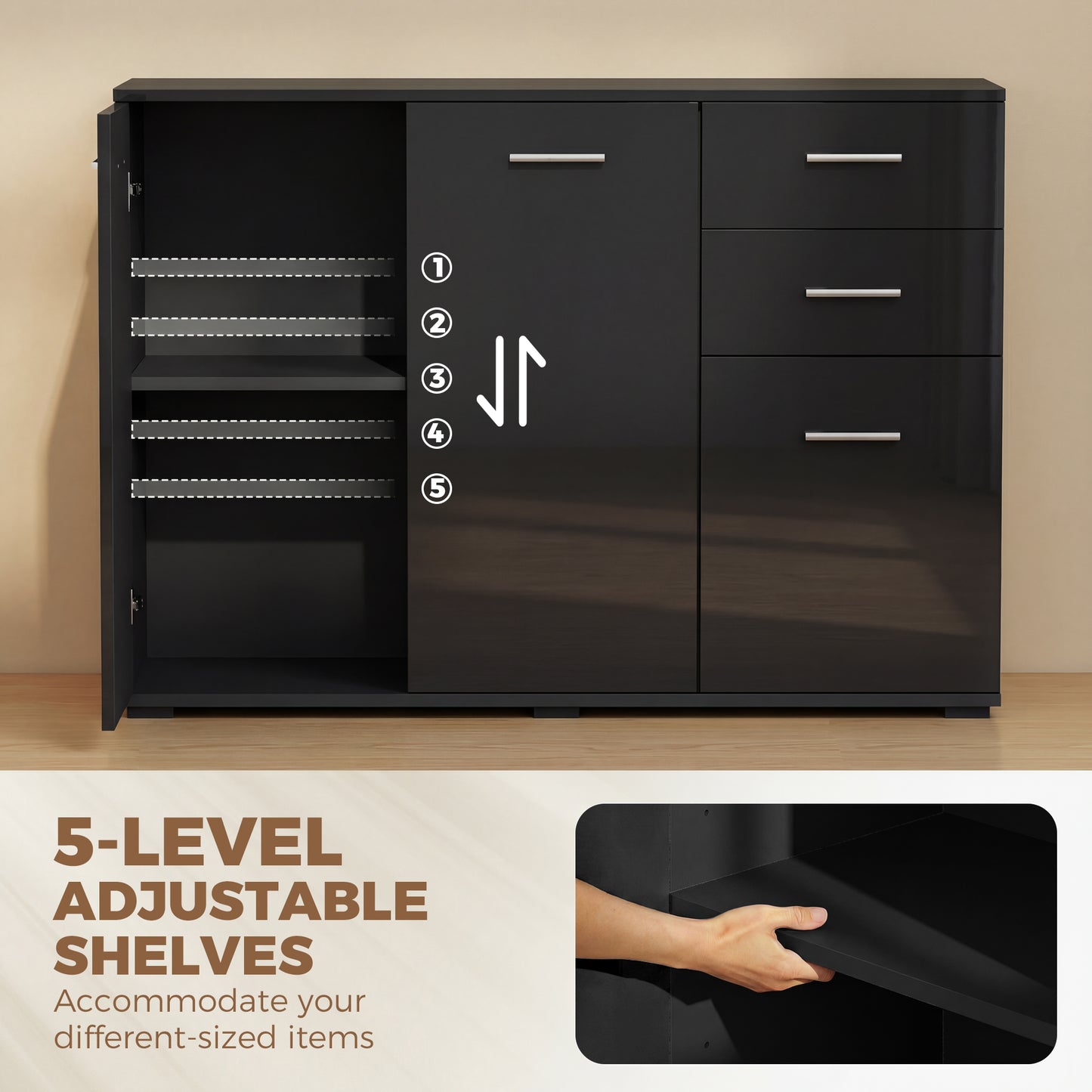 Modern Sideboard Kitchen Storage Cabinet, High Gloss Black