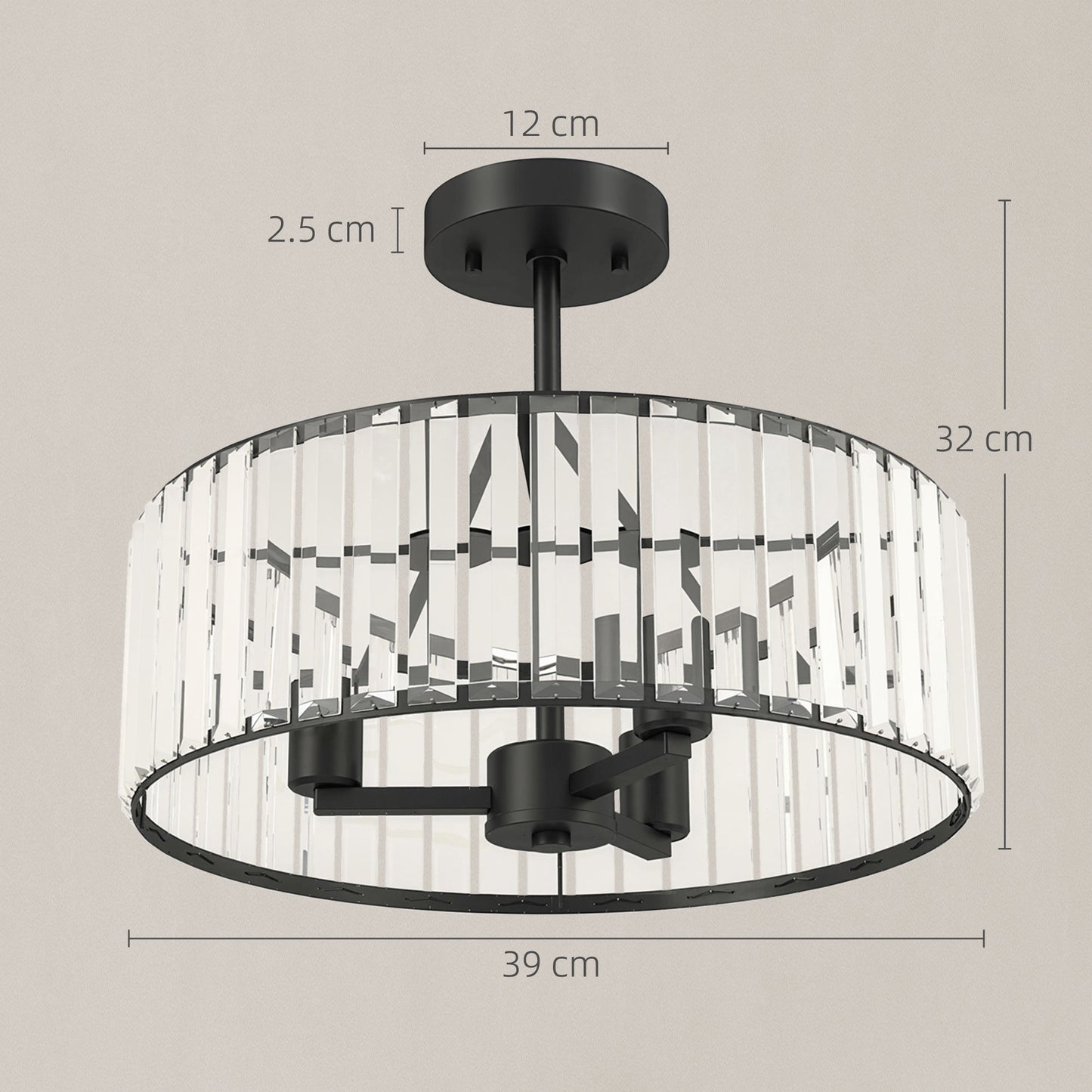 Semi Flush Mount Modern Crystal Chandelier Ceiling Light, Black