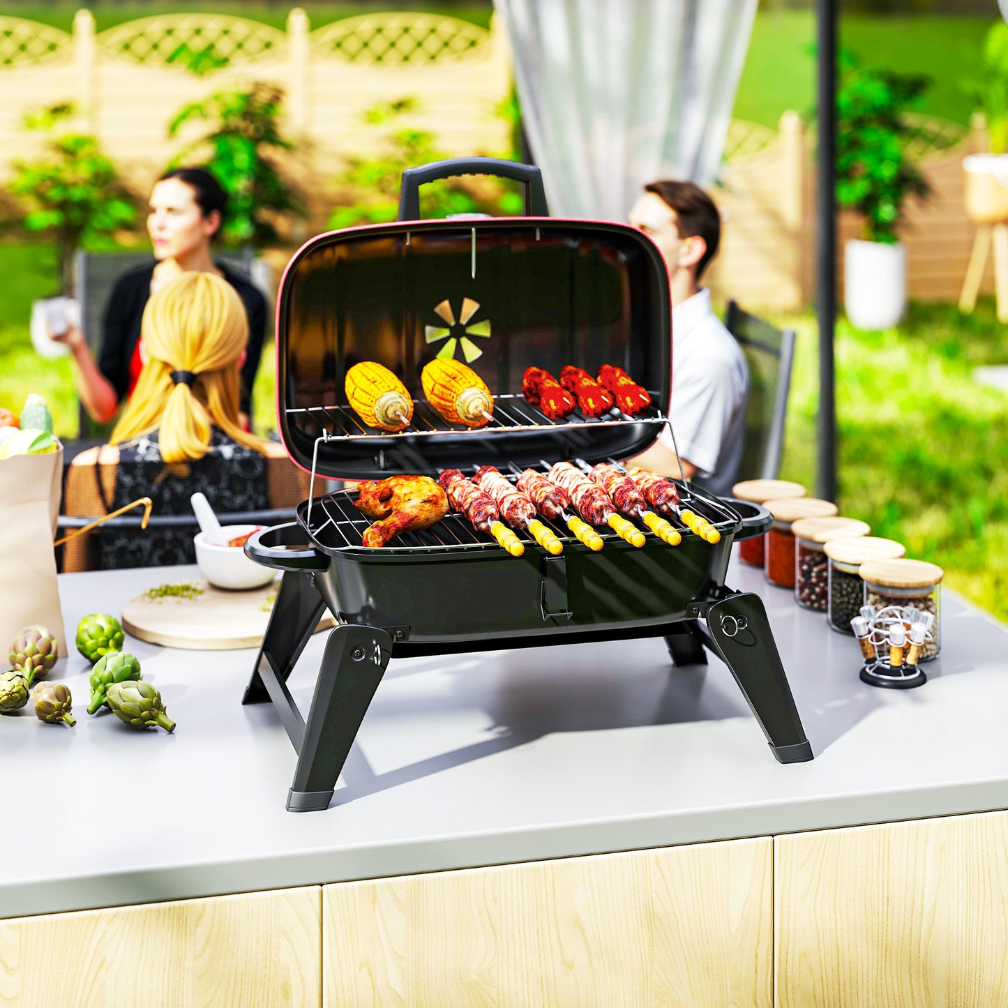 Folding Charcoal Barbecue Grill, Portable BBQ for Camping, Red
