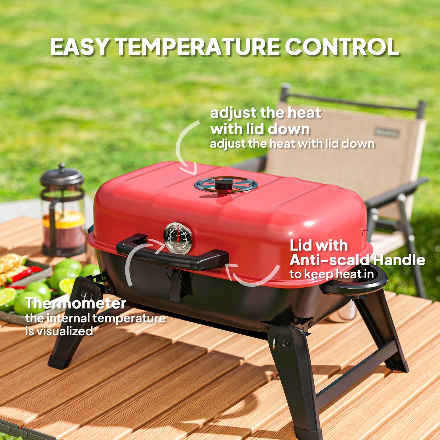 Folding Charcoal Barbecue Grill, Portable BBQ for Camping, Red
