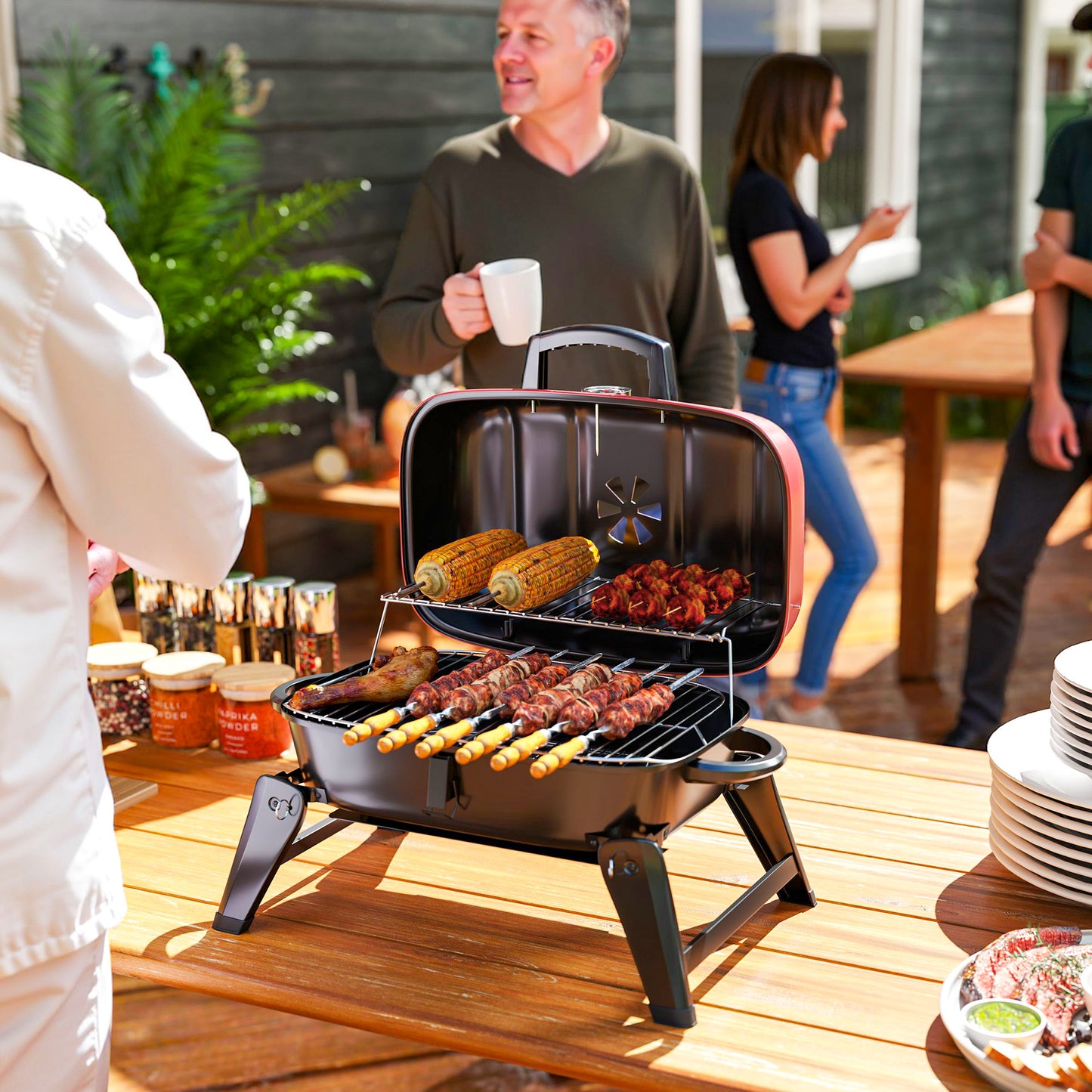 Folding Charcoal Barbecue Grill, Portable BBQ for Camping, Red