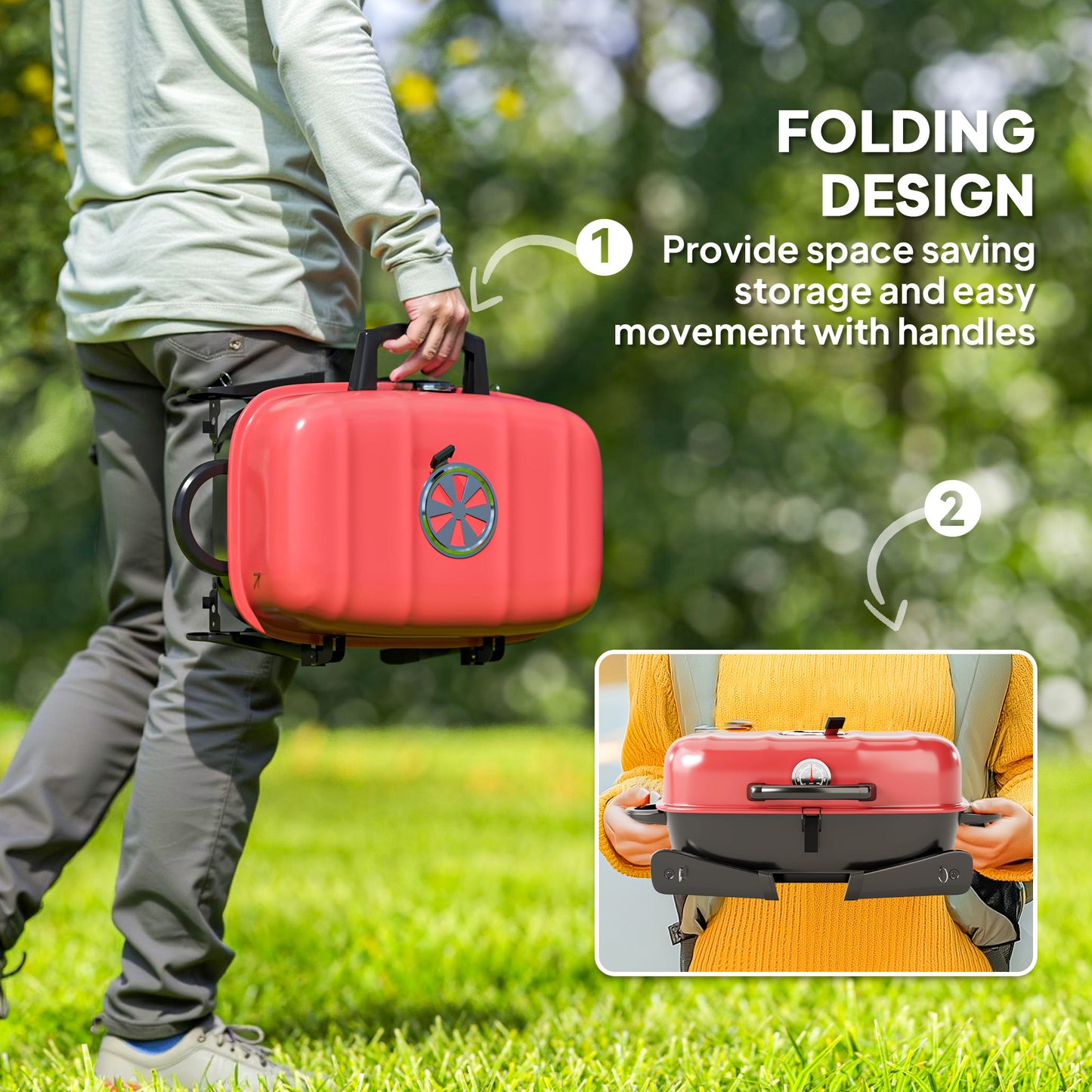 Folding Charcoal Barbecue Grill, Portable BBQ for Camping, Red