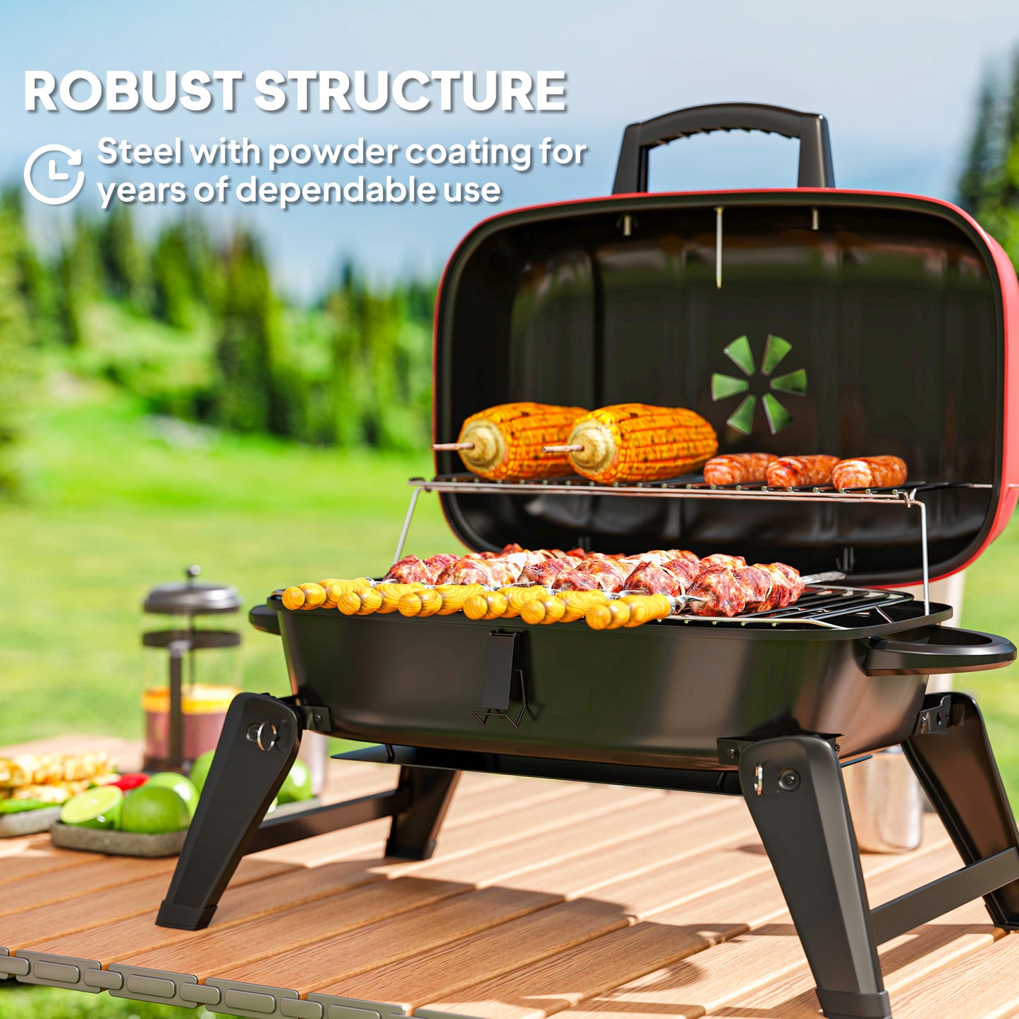 Folding Charcoal Barbecue Grill, Portable BBQ for Camping, Red