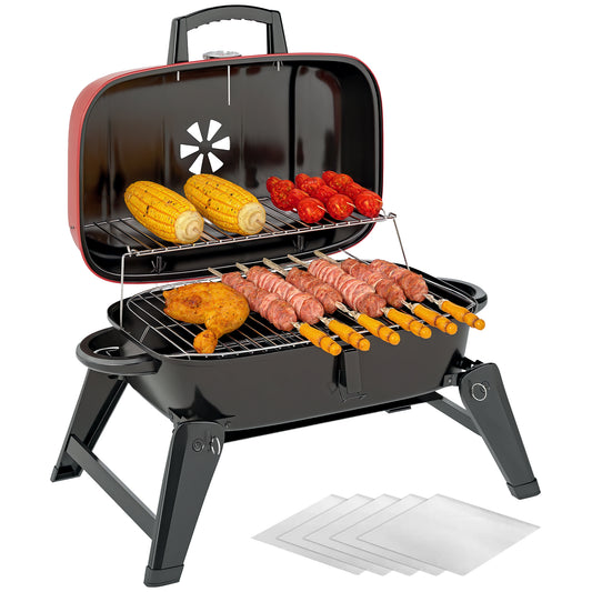 Folding Charcoal Barbecue Grill, Portable BBQ for Camping, Red