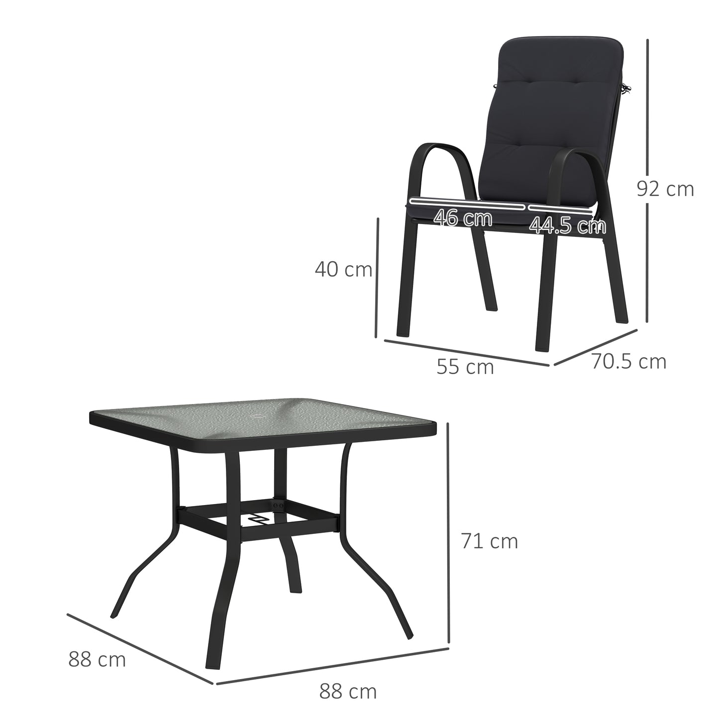 Garden Dining Set, Glass Table w/ Umbrella Hole Black