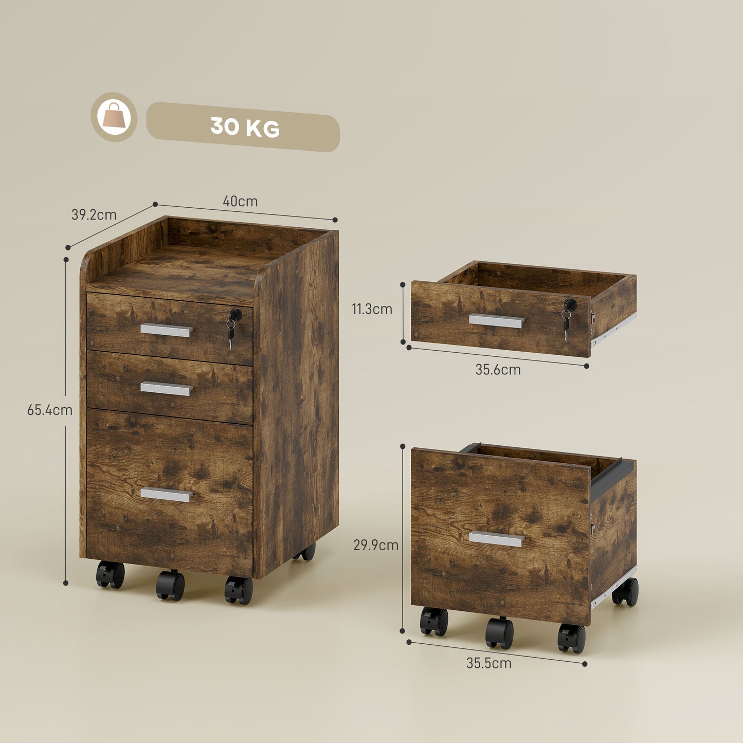 Mobile Filing Cabinet, Lockable File Cabinet with 2 keys Rustic Brown