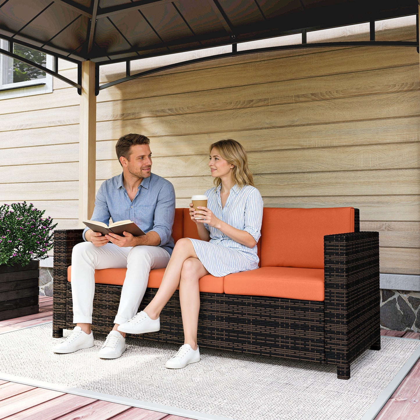 Rattan Wicker 3-seater Sofa Chair Patio Furniture, Orange