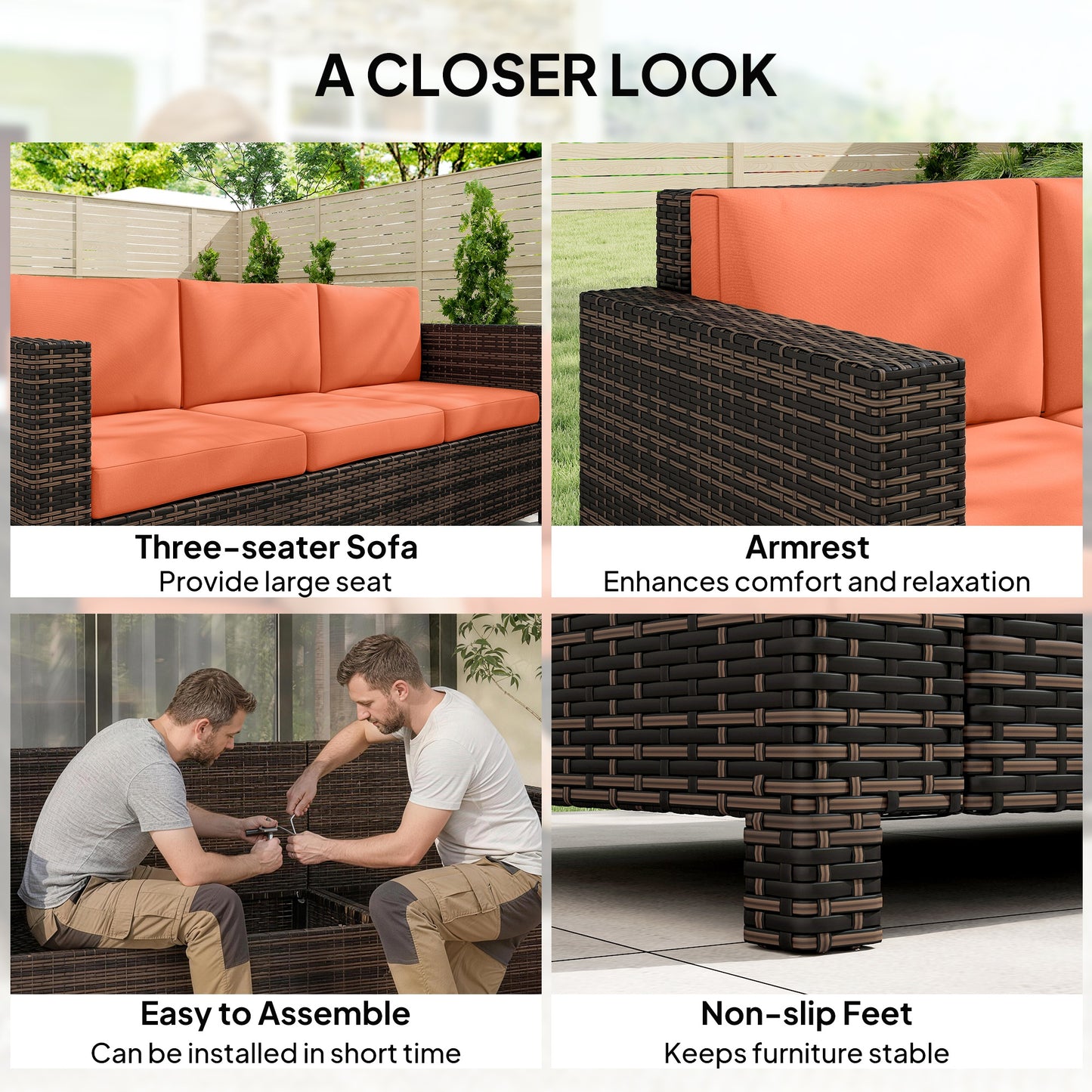 Rattan Wicker 3-seater Sofa Chair Patio Furniture, Orange