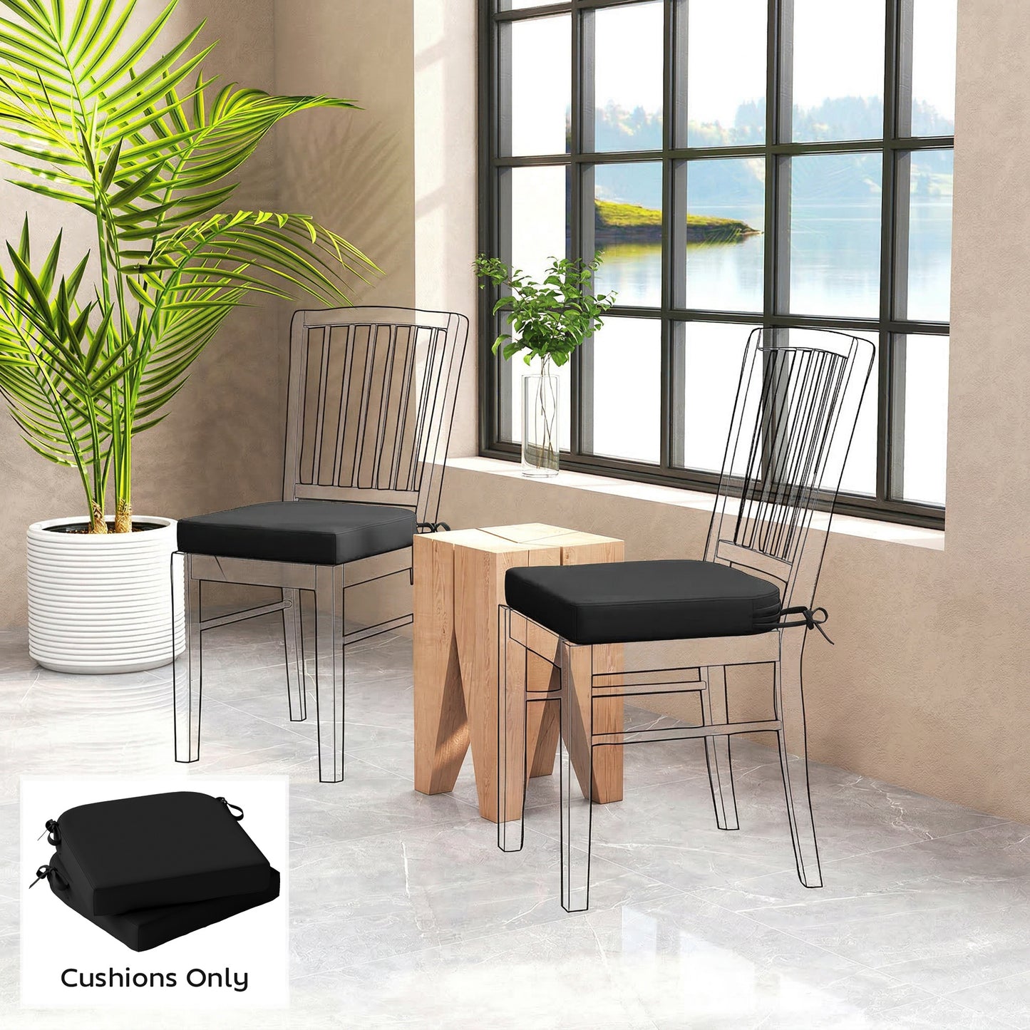 Outdoor Chair Seat Cushions Set of 2, Garden Chair Cushions, Black