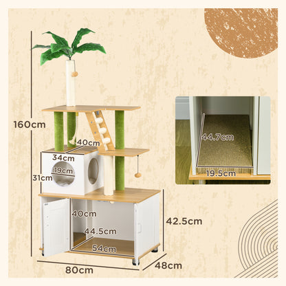 2-in-1 Hidden Litter Box with Green Leaf Cat Tree, Indoor - Oak
