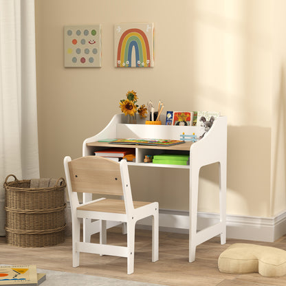 Kids Desk and Chair Set, Children Study Table with Storage, Natural
