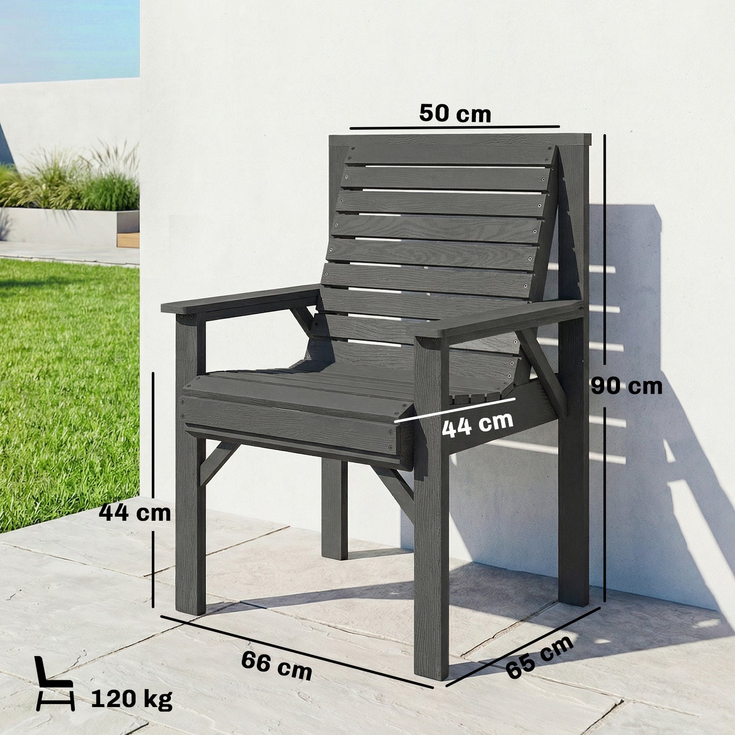 Wood Garden Chair Outdoor Dining Chair with Curved Seat, Grey