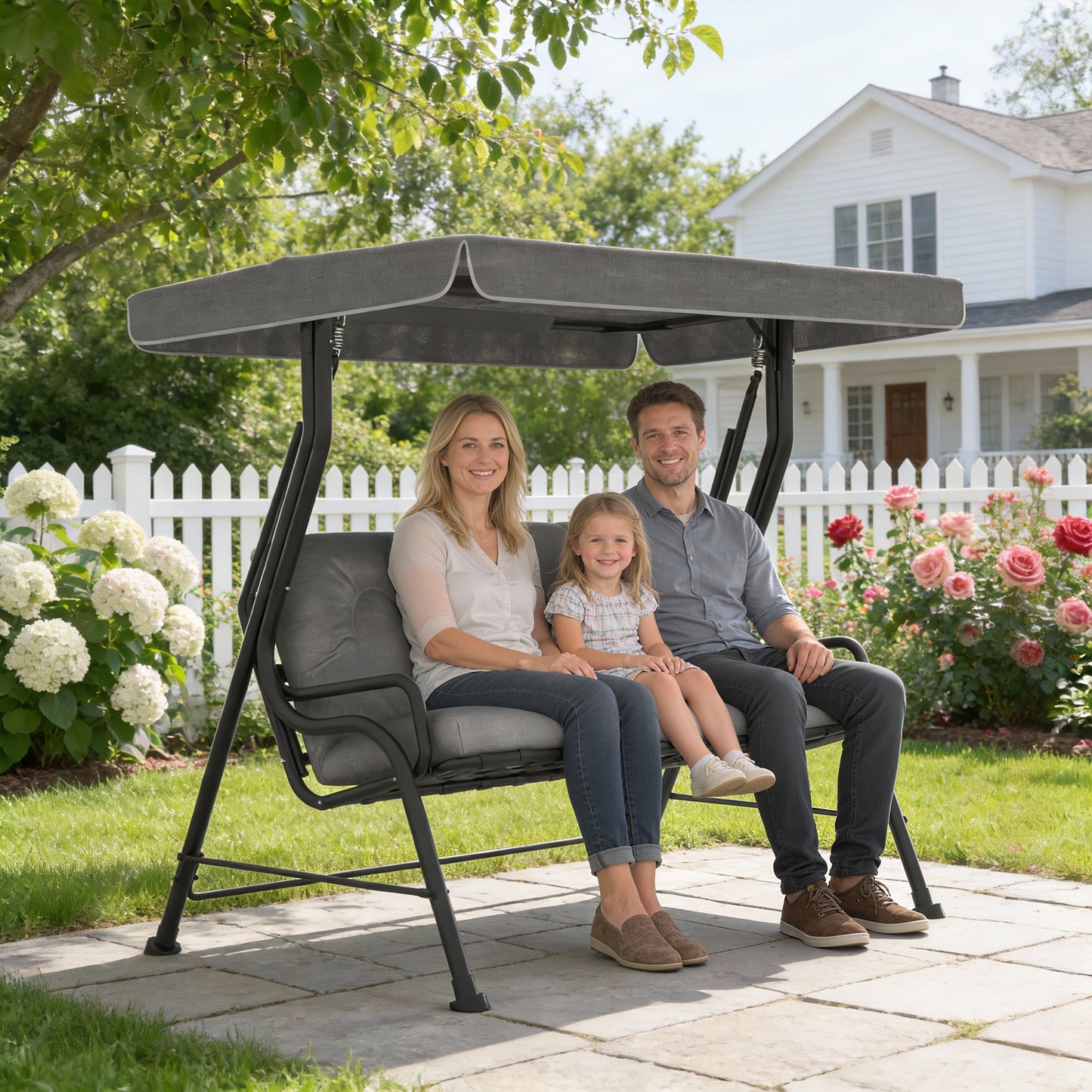 3-Seater Garden Swing Seat, Outdoor Swing Chair with Canopy, Grey