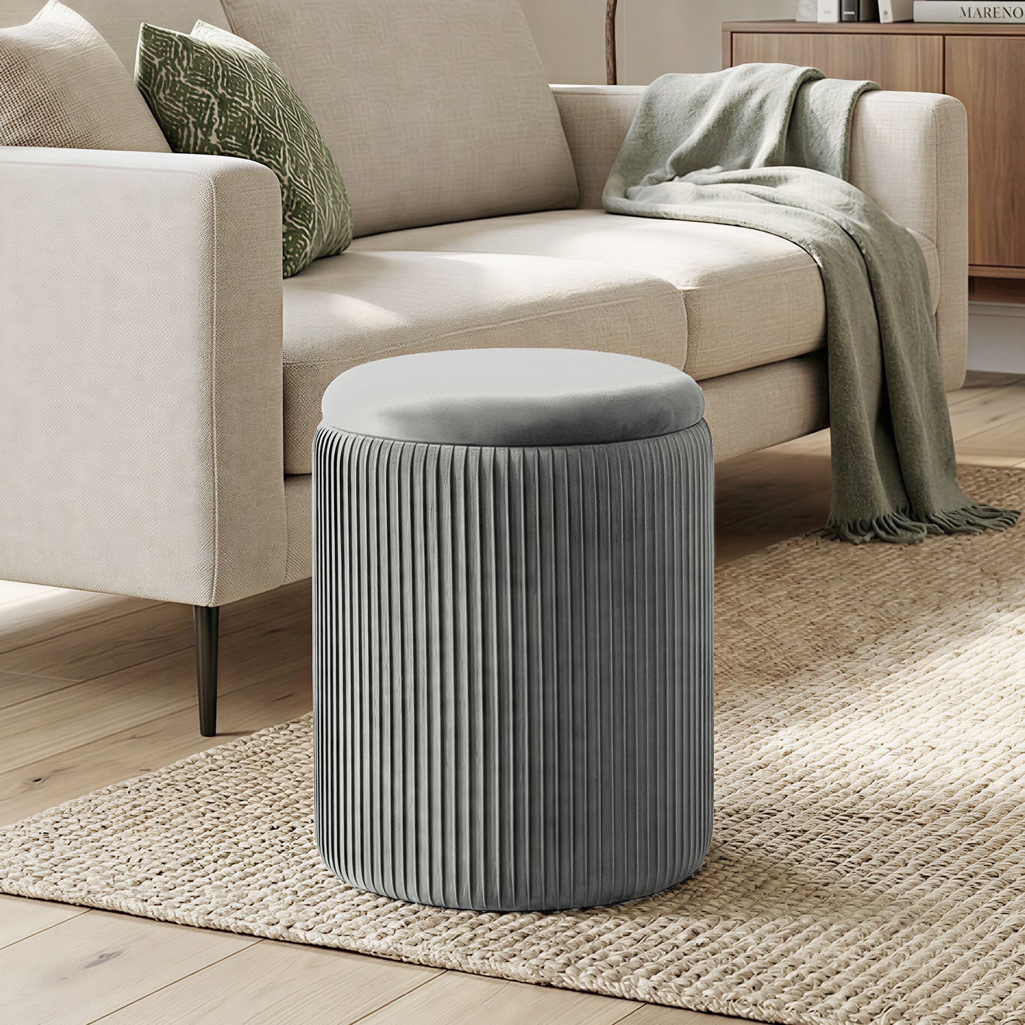 Round Storage Ottoman with Removable Top, Grey