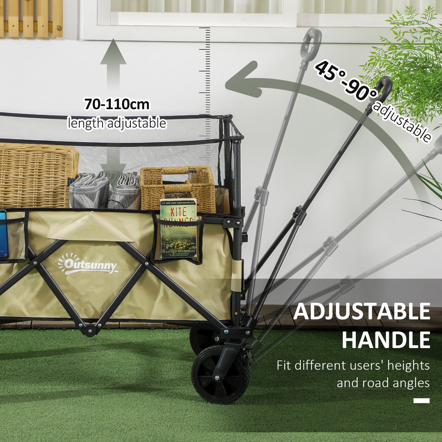 Folding Garden Trolley, 180L Wagon Cart with Extendable Side Walls, for Beach, Camping, Festival, Khaki