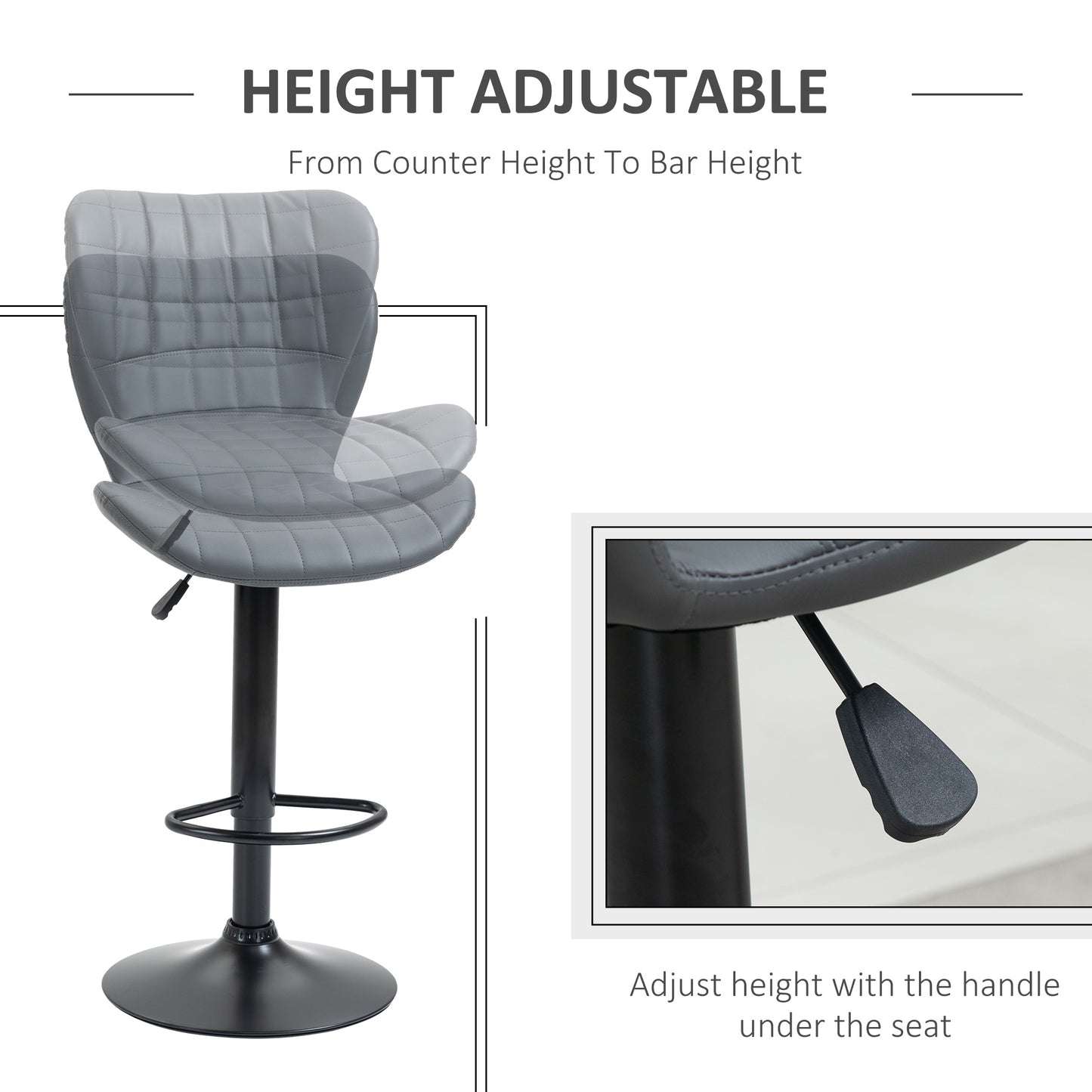 Bar Stools Set of 2 Adjustable Height Swivel PU Leather Bar Chairs Grey