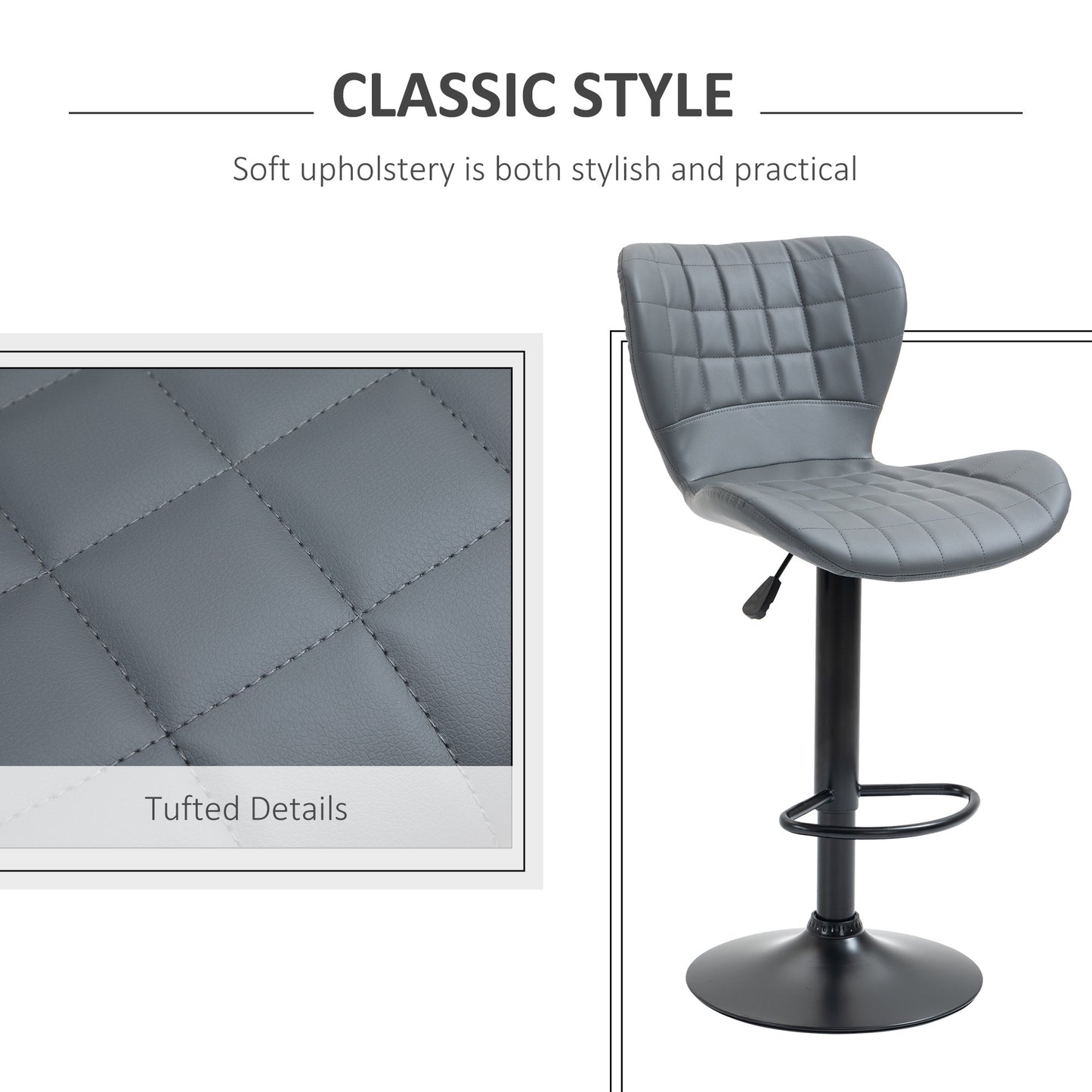 Bar Stools Set of 2 Adjustable Height Swivel PU Leather Bar Chairs Grey