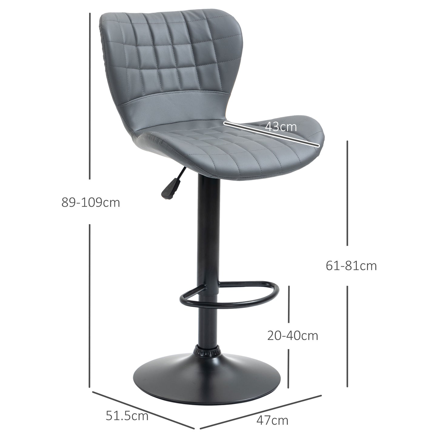 Bar Stools Set of 2 Adjustable Height Swivel PU Leather Bar Chairs Grey