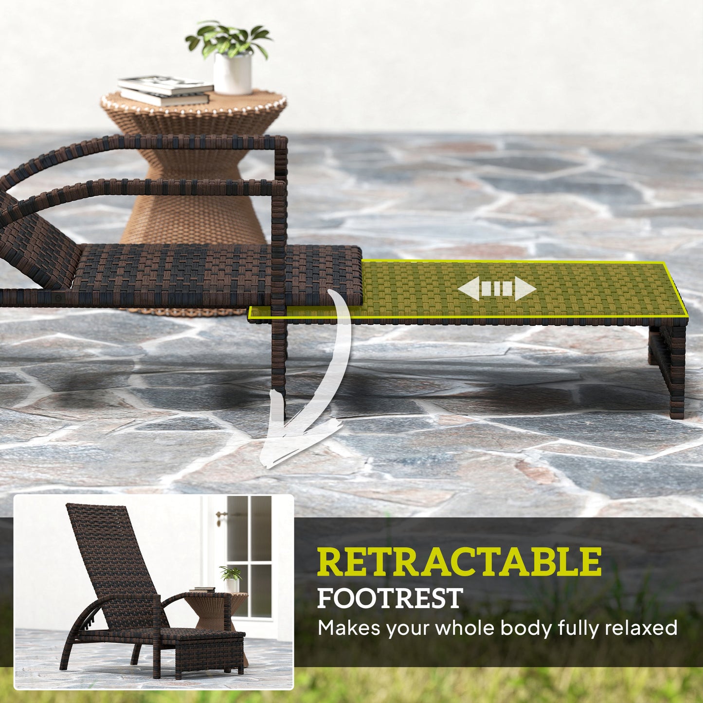 PE Rattan Sun Lounger with 4-Level Adjustable Backrest, Mixed-brown