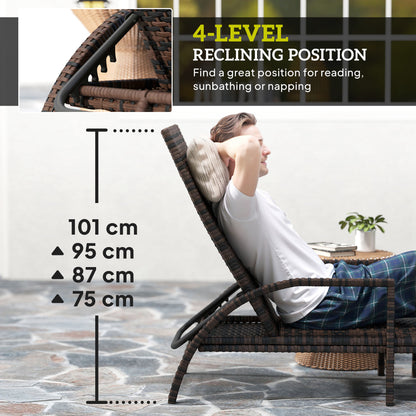PE Rattan Sun Lounger with 4-Level Adjustable Backrest, Mixed-brown