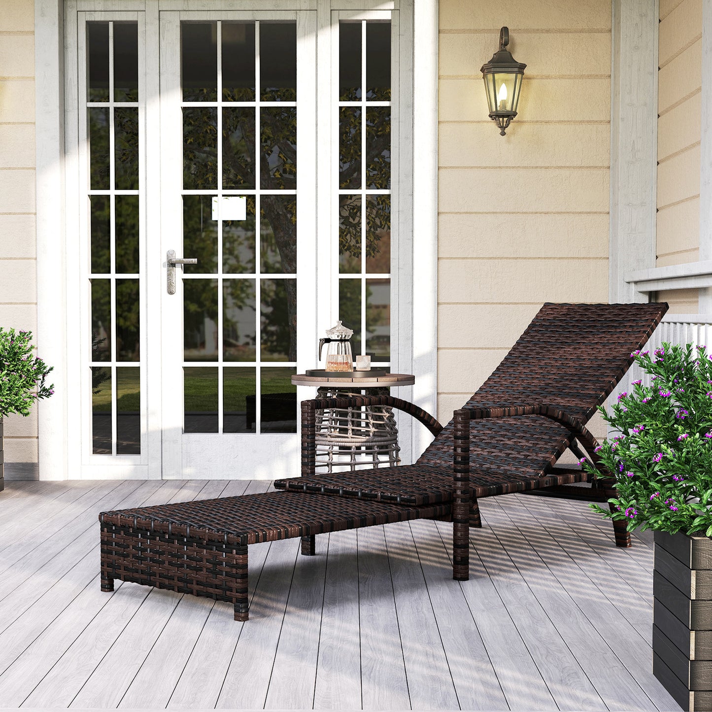 PE Rattan Sun Lounger with 4-Level Adjustable Backrest, Mixed-brown