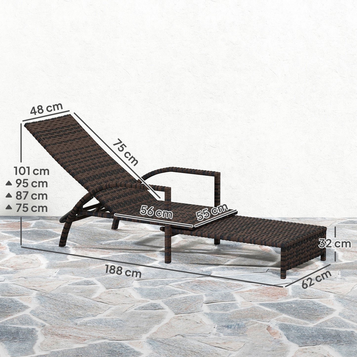 PE Rattan Sun Lounger with 4-Level Adjustable Backrest, Mixed-brown