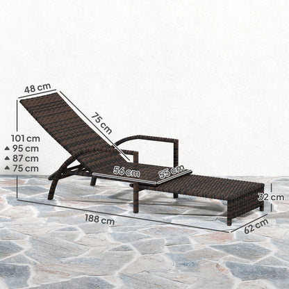 PE Rattan Sun Lounger with 4-Level Adjustable Backrest, Mixed-brown